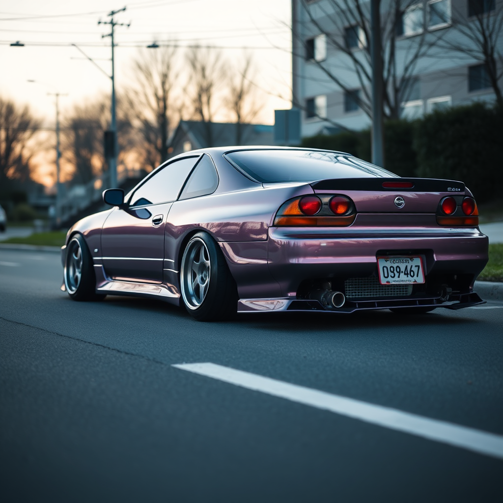 metallic shine nissan silvia s14 the car is parked on the side of the road, inspired by Taiyō Matsumoto, tumblr, restomod, nd4, c4 cold colors