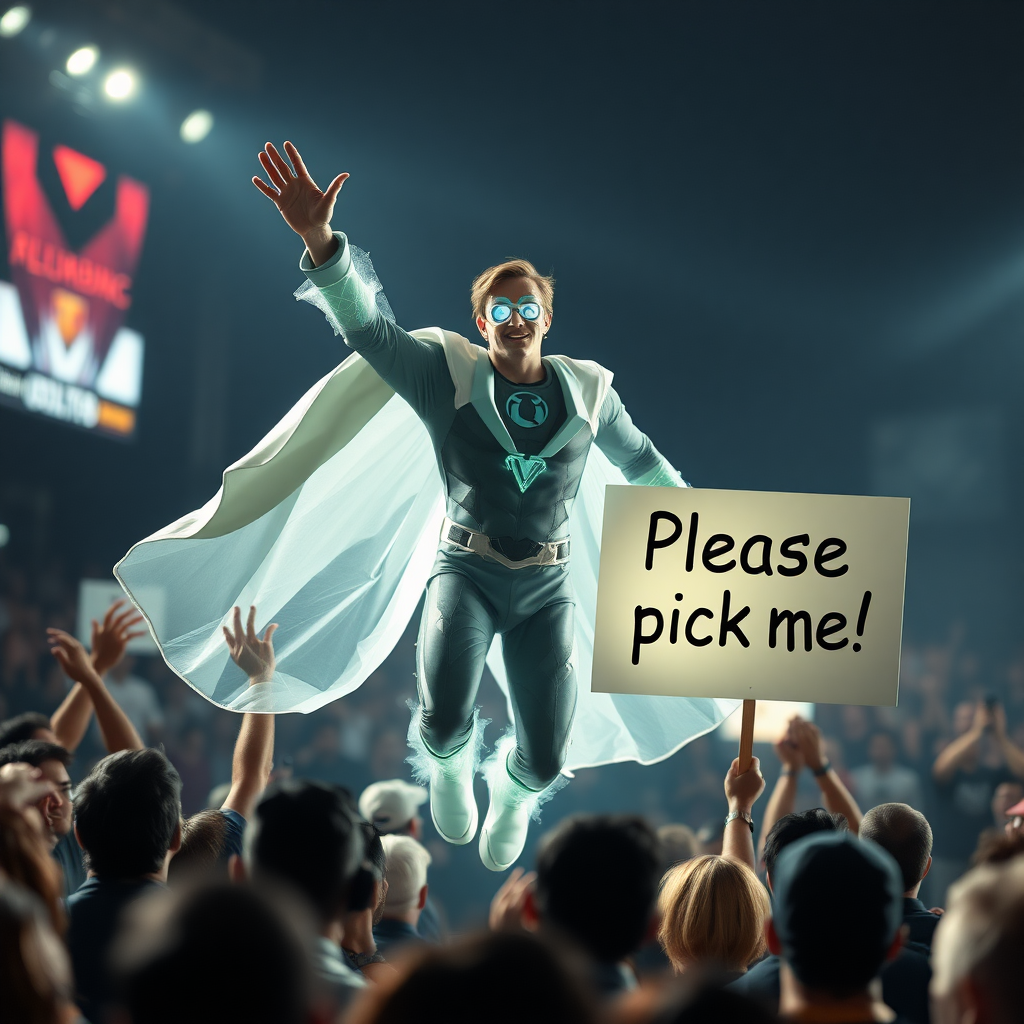 An ethereal mystic superhero eagerly jumps out of a crowd raising and waving his hand. His other hand holds a sign that reads "Please pick me!"