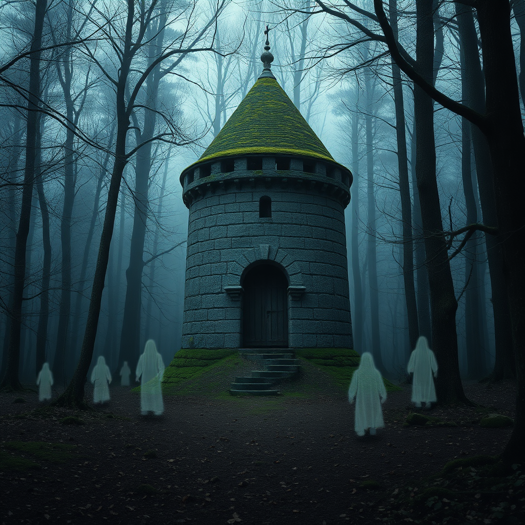 A photo realistic small, old and worn, round, moss covered medieval stone tower in a dark forest clearing with very faint ghost like forms around it