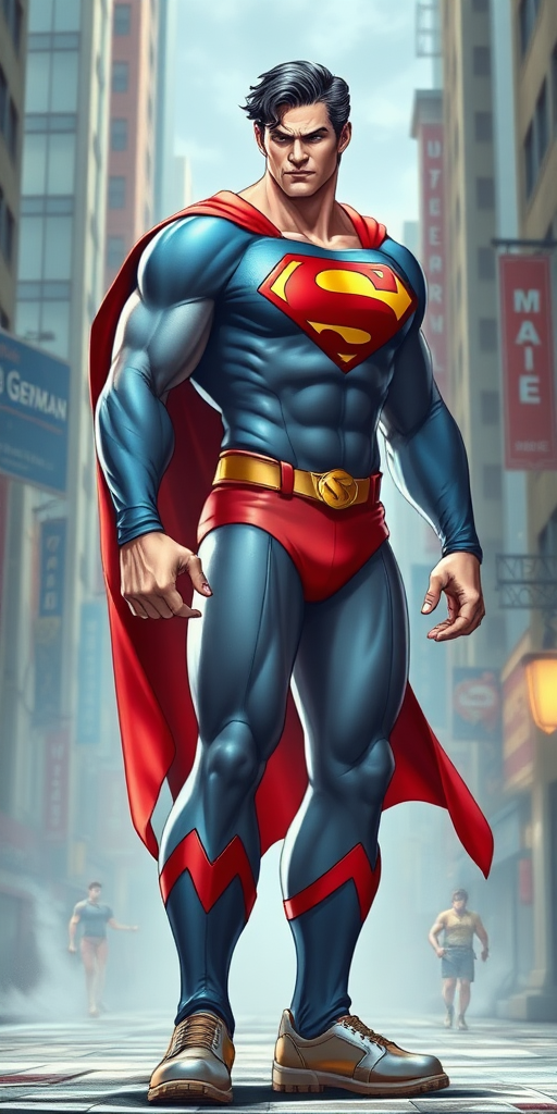 Create a full-length image of Superman, unexpectedly transformed into Cammy White from the Street Fighter universe due to a multiverse shift. Depict him in a moment of bewilderment, struggling to adjust to his new body and the loss of upper body strength. Show him trying to steady himself, dealing with the unfamiliar feelings and lower center of gravity. He should still have his traditional Superman colors (blue, red, and yellow) incorporated into Cammy's attire. His facial expression should convey confusion and determination. The background can be a blend of Metropolis and Street Fighter's urban settings to reflect the multiverse merge.