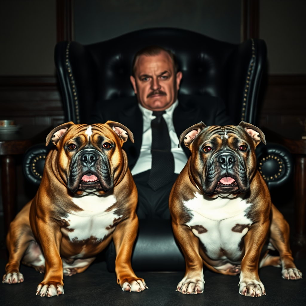 Two pit bulls are sitting at his feet. The mafia boss is glaring straight ahead. The mafia boss is sitting in a black, luxurious chair. The image has a dim atmosphere.