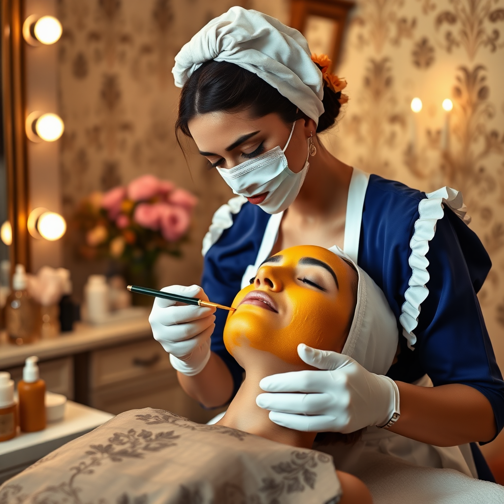 female french maid working in beauty parlour, giving turmeric facial to her clients