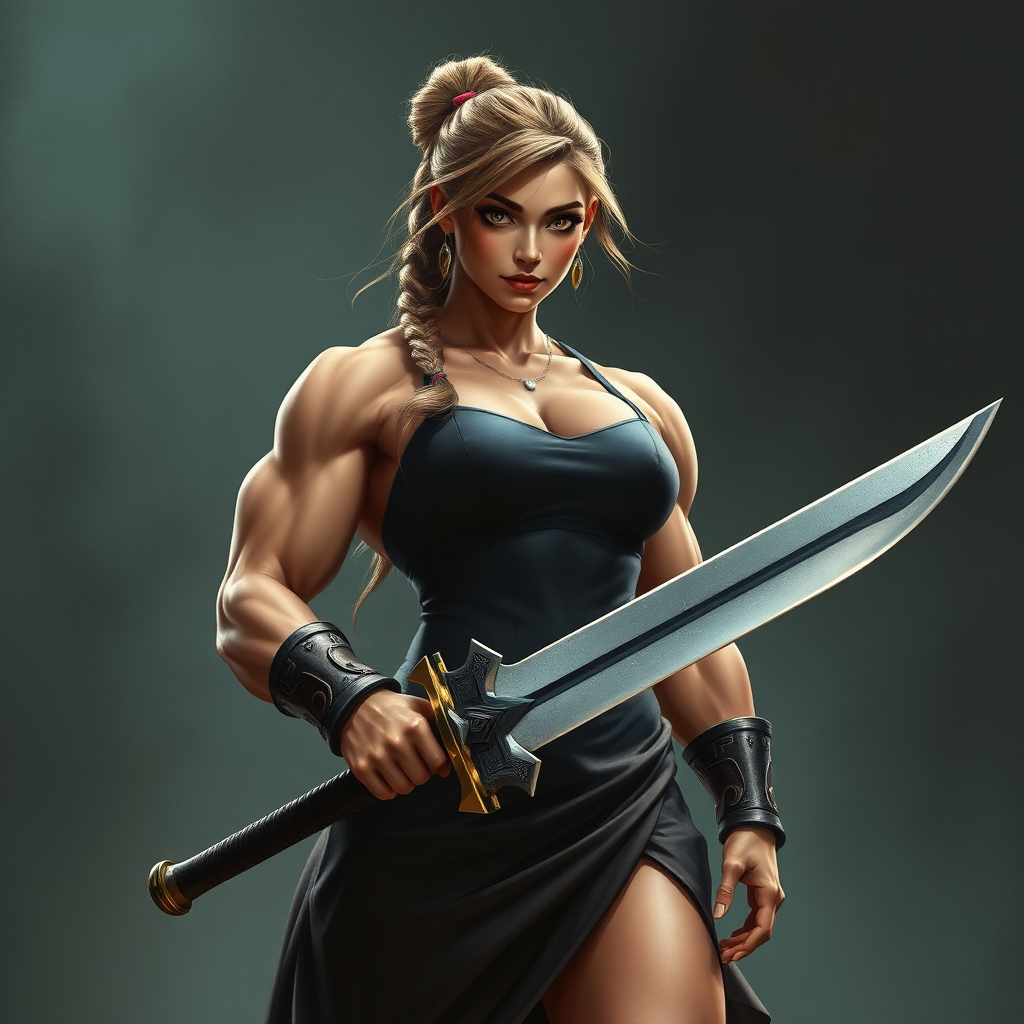 strong massive huge muscular bodybuilder girl, sleeveless dress, sword