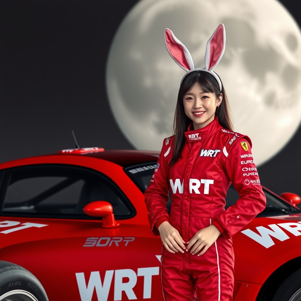 A red racing car, with only "WRT" written on its body; a beautiful Chinese female racer, wearing rabbit ears on her head, stands beside the racing car smiling. Her red racing suit also only has "WRT" written on it, with an oversized moon in the background.