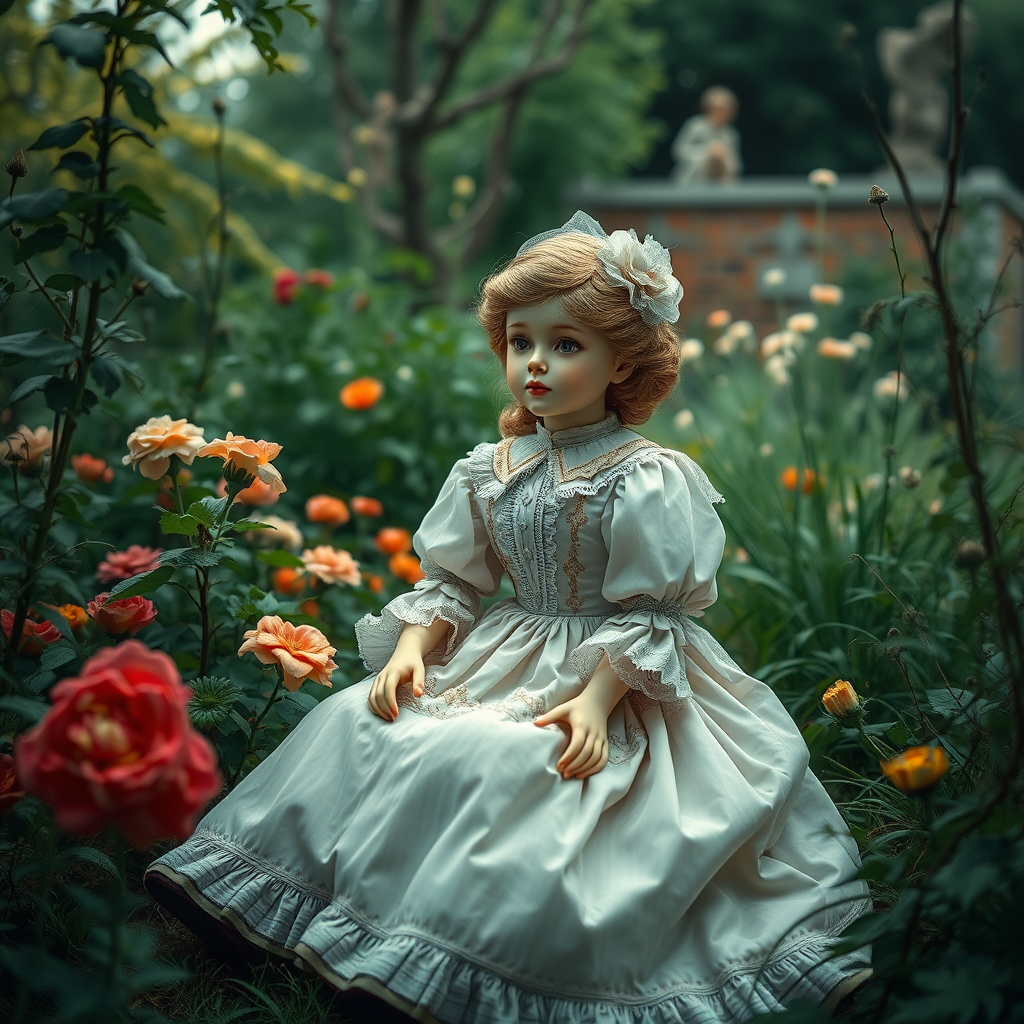 a young porcelain doll sitting in the garden wearing a Victorian dress, bjd, poster, perspective, cinematic still, high quality photo, by victo ngai, by Masamune Shirow, by wadim kashin, by audery_kawasaki, by ismail inceoglu, by amy sol, outline, hyperrealism, by klimt, intricate environment, ultra-detailed cinematic shot, impressionistic