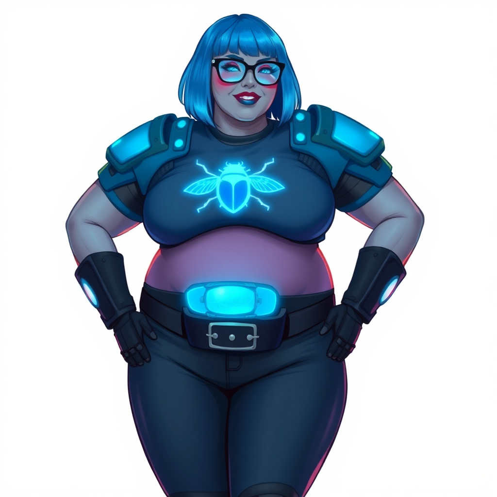 A 28-year-old, full-figured, middle gray skinned computer program hybrid with a maximum blue bob cut. She has a non-athletic build, highlighted by a prominent, round, large midsection (with heavy emphasis on her belly). As a digital sidekick, computer hacker, and nerdy girlfriend to her cyberpunk vigilante boyfriend, her middle gray metallic skin and maximum blue lipstick emphasize her digital nature. She wears a digital, computerized costume consisting of a gargantuan, tight-fitting, hi-tech, maximum blue t-shirt with a neon blue beetle glowing chest icon, hi-tech shoulder pads with neon blue accents, a black digital belt with a digital neon blue glowing buckle, black biker pants with neon blue glowing accents, and black hi-tech gloves with neon blue glowing accents. Her neon blue glowing eyes, black eyeglasses with a neon blue glowing HUD built in its lenses, and lovestruck smile with neon red blush accentuate her nerdiness. She stands bashfully with her hands behind her back, her costume covering all her skin and emphasizing her full-figured physique (especially her belly). She is clearly non-athletic, with a focus on her full-figured physique. Despite her build, she radiates beauty. She is on a solid white background. She is drawn as if she was in a retro 2D cyberpunk fighting game.