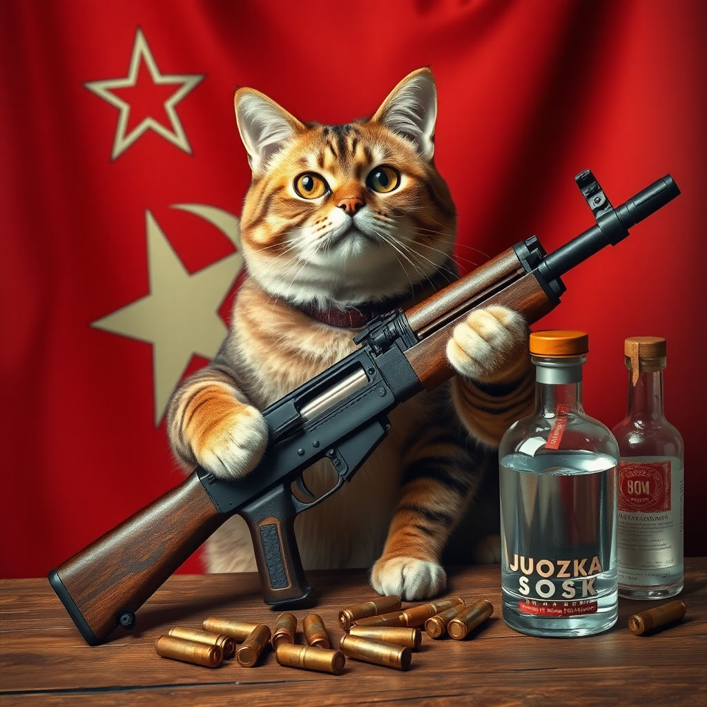 Soviet communist cat with an AK-47 and vodka and a USSR flag behind a table with bullet casings on it