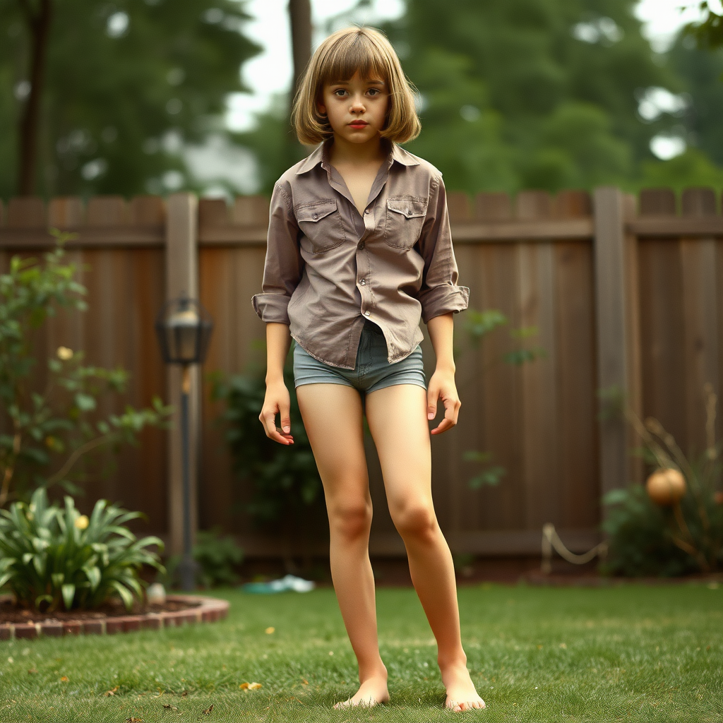 tall 14yo teen boy, long hair bob cut, wearing shirt and very tight booty shorts, long legs, narrow thighs, full-length front view. 1970s. Playing at backyard. photorealistic, ultra high resolution, 16K, Negative: grainy, blurry, bad anatomy, extra limbs, watermark.