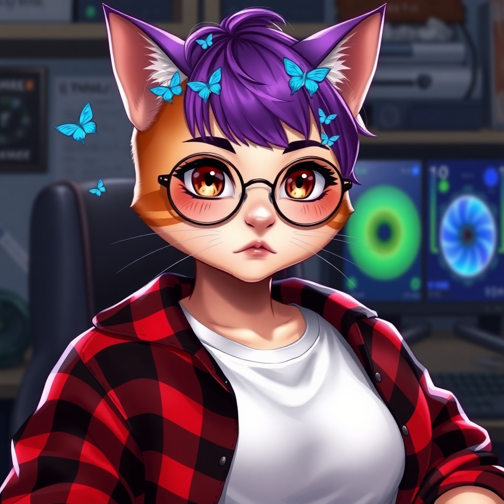 female cat-man without breasts/flat chest serious chestnut color with small blue butterflies on the head, a round head, with a purple UNDERCUT hairstyle, hazel eyes, dimples on the cheeks, chubby cheeks, wearing semi-round glasses, a red and black checkered open shirt with a white t-shirt, in front of a desk with a gaming PC, in digital art