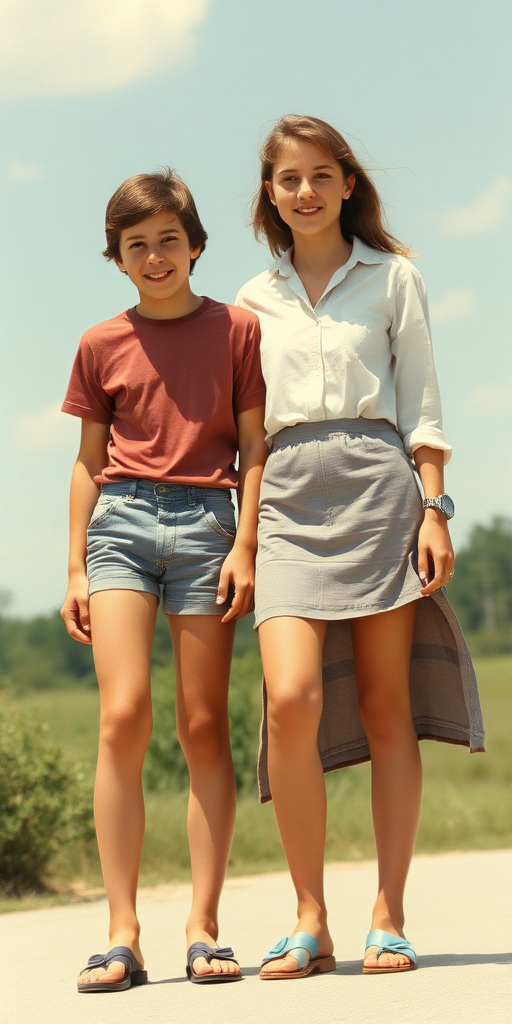 Vintage photo, 1980s. Hot summer. USA. A tall skinny 13yo teen boy wearing short shirt, tight booty shorts, long legs, bare thighs. With a girl wearing shirt, long skirt. Full length view.