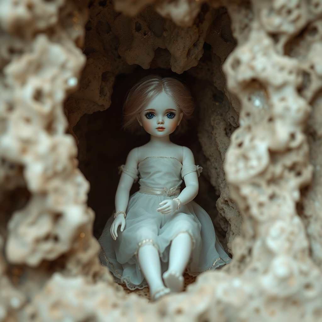 a porcelain doll in a cave, artists doll, bjd, high quality photo, intricate environment, ultra-detailed, impressionistic, dynamic composition, artistic photograph, matte texture, geode, alabaster, gold, fractal