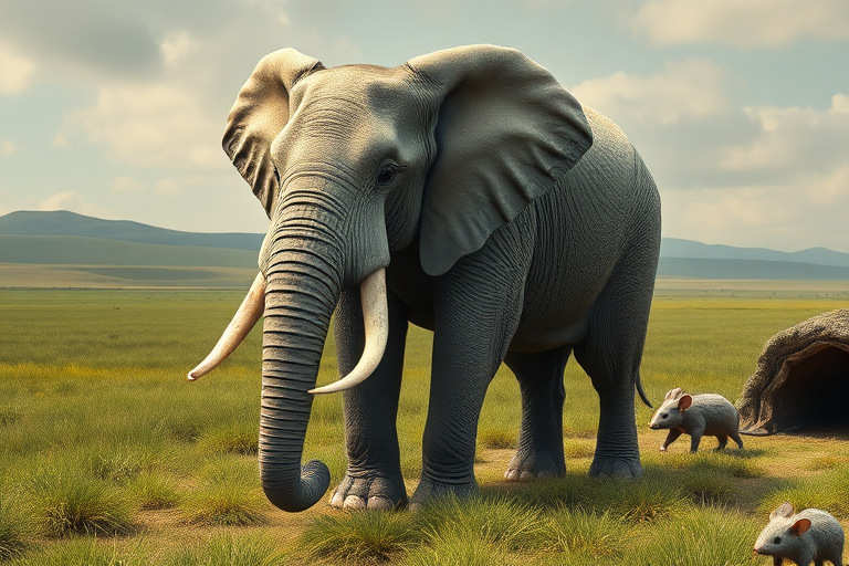 Create a full-length photorealistic image featuring an elephant that has the musculature and silhouette of a mouse. The elephant's head remains intact, complete with detailed facial features. Its skin retains the texture of an elephant while incorporating soft fur reminiscent of a mouse. The background blends elements inspired by both animals, showcasing a unique habitat, combining verdant grasslands and open spaces with hints of a cozy, burrow-like environment.