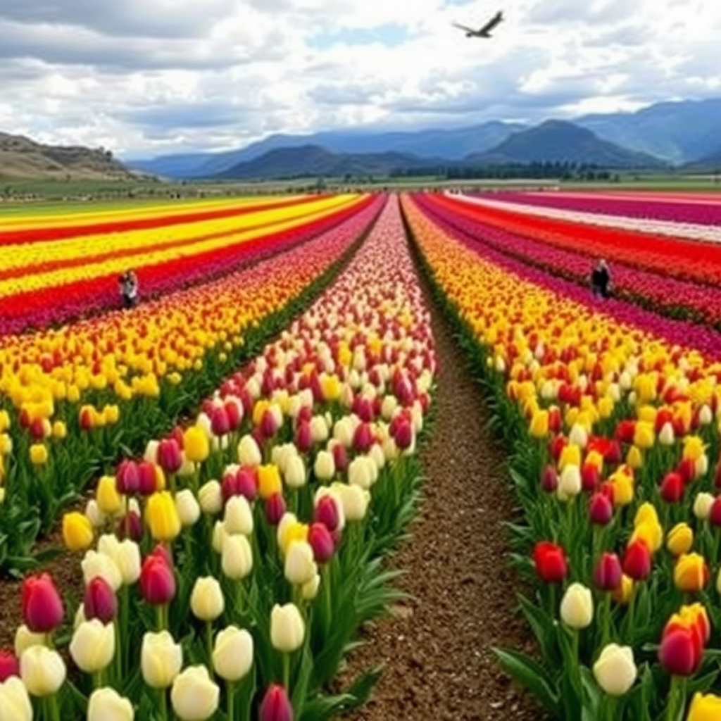 large and very long stretches of solid-colored tulips in purple, yellow, red, and white, with mountains in the background and a sky with clouds and many people present.