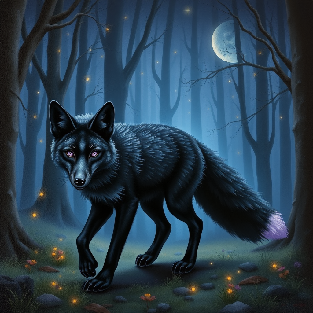 A detailed, intricate and realistic looking oil painting of a black fox with deep purple eyes and tail tip, the fox is walking through a misty dark forest at night with fireflies, stars, trees, fog, and more.