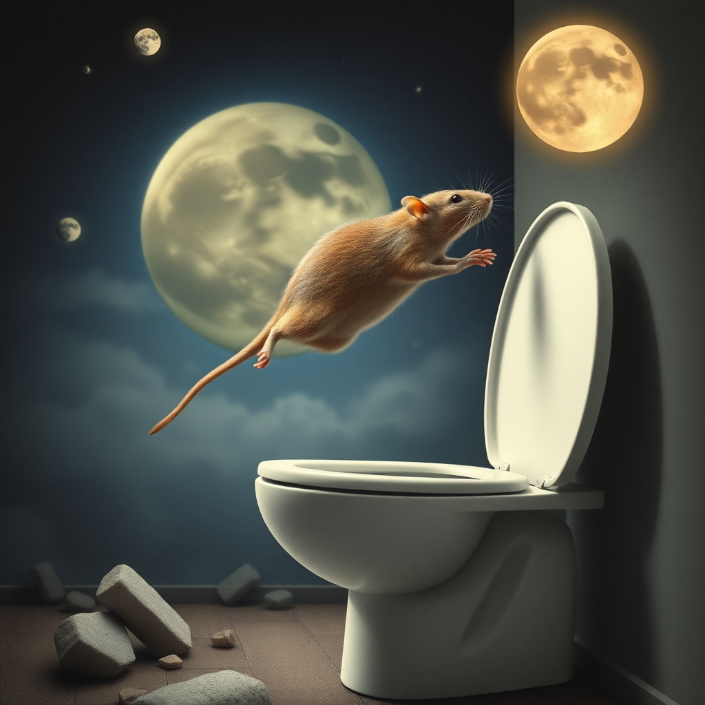 A rat jumping off the moon into a toilet