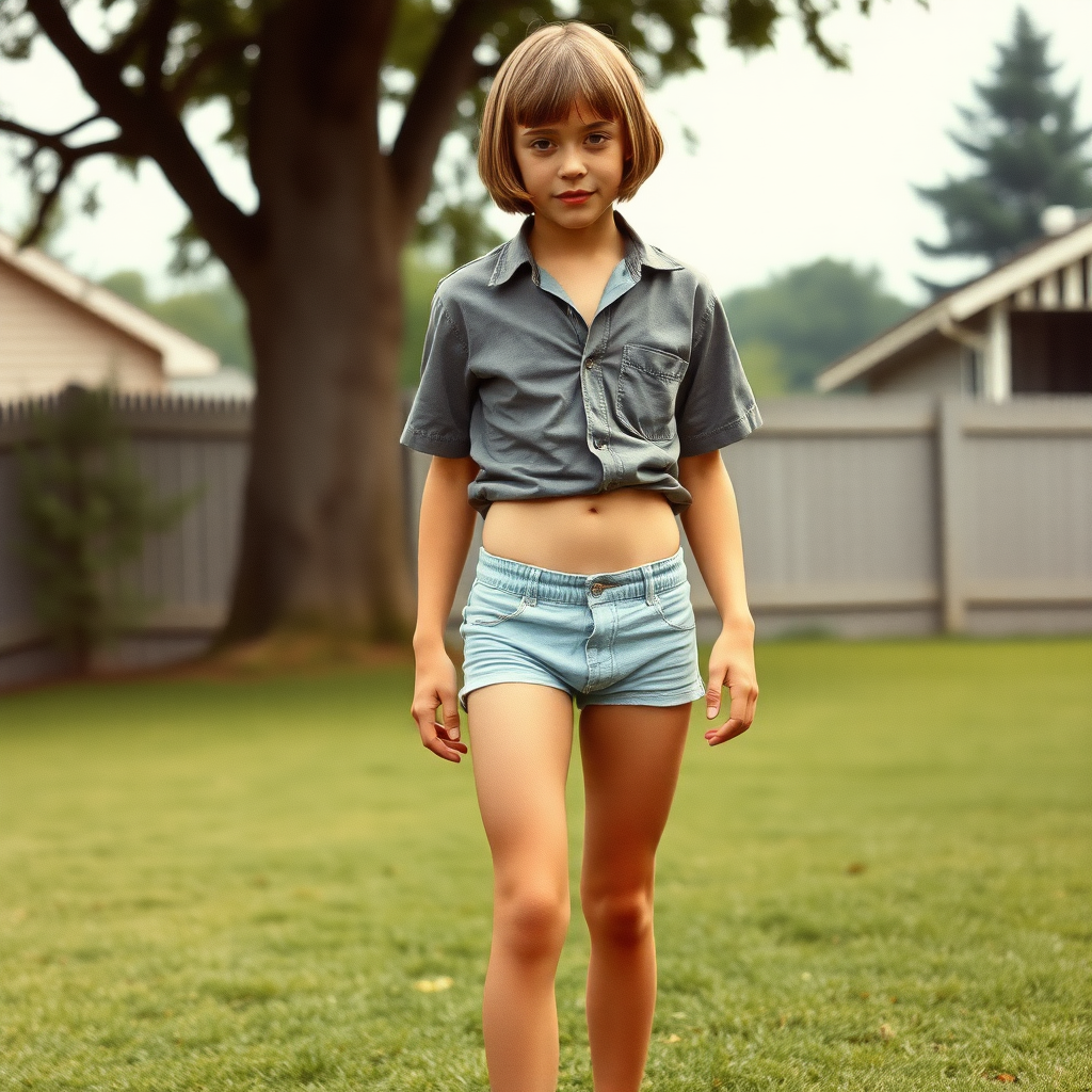 tall 14yo teen boy, long hair bob cut, wearing shirt and very tight booty shorts, long legs, narrow thighs, full-length front view. 1970s. Playing at backyard. photorealistic, ultra high resolution, 16K, Negative: grainy, blurry, bad anatomy, extra limbs, watermark.