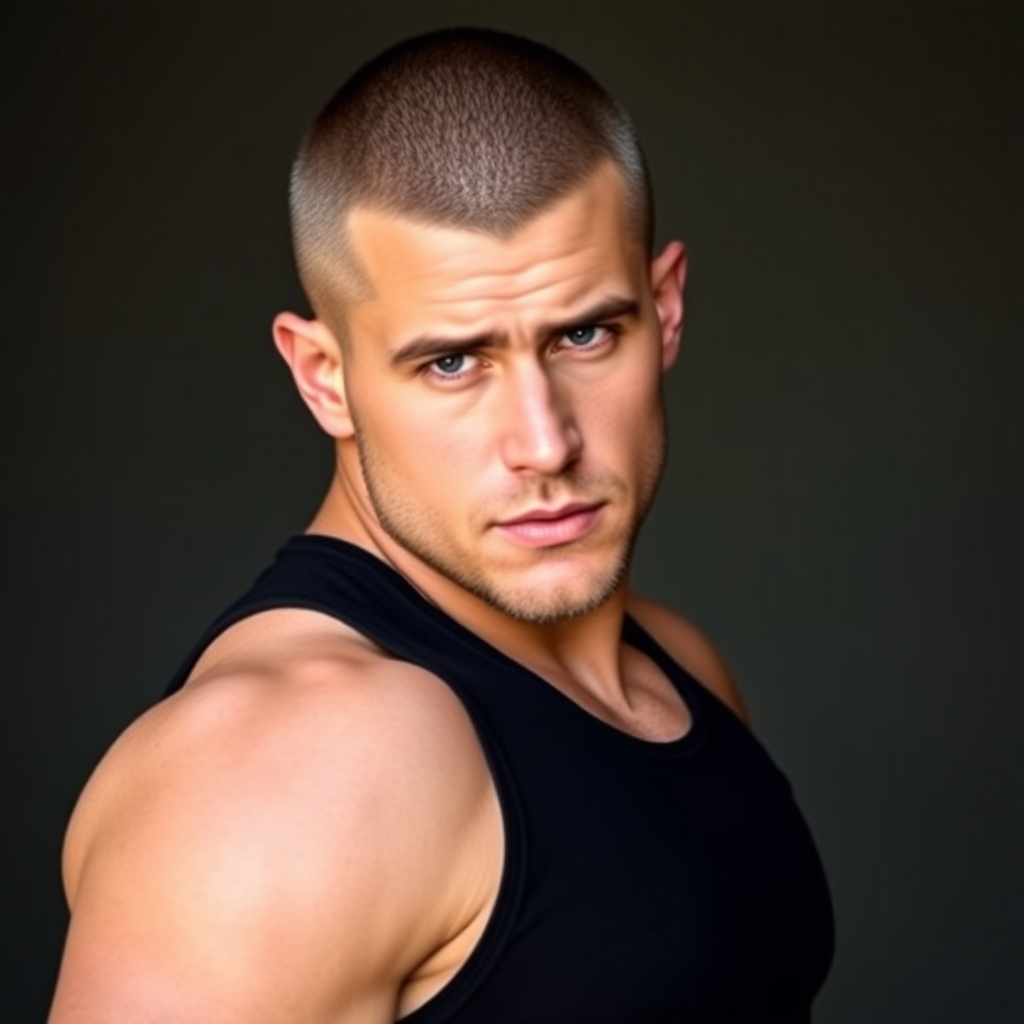 A tough-looking handsome guy, with a buzz cut, wearing a black tank top, upper body.