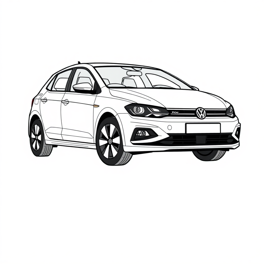 a white VW Polo V  
long establishing shot, 2D, caricature, cartoon, Sketch lines, coloring book, coloring book style on white background, well composed, clean coloring book page, No dither, no gradient, strong outline, No fill, No solids, vector illustration, side view, vector illustration, movement lines