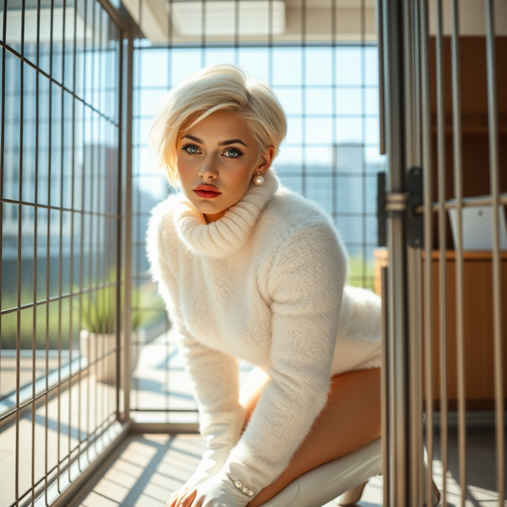 Sunny spring morning, modern glass-steel-concrete office, kneeling inside locked small steel cage, waiting for the master: Ana, European 17 years old very convincing femboy “trophy-bimbo”, tamed servile docile, very beautiful feminine flawless face, rather short boyish figure, platinum blond short tight curls, bold red lips, heavily made-up face, long French nails, wearing Supertanya-style chunky fluffy very fuzzy bright white plushy mohair figure-hugging turtleneck-knitdress with white pearl decoration, white vinyl thigh-high boots with golden heels, pearl earrings, serious, leaning forward presenting her assets, arrogantly looking through grid at camera. Full view of office.