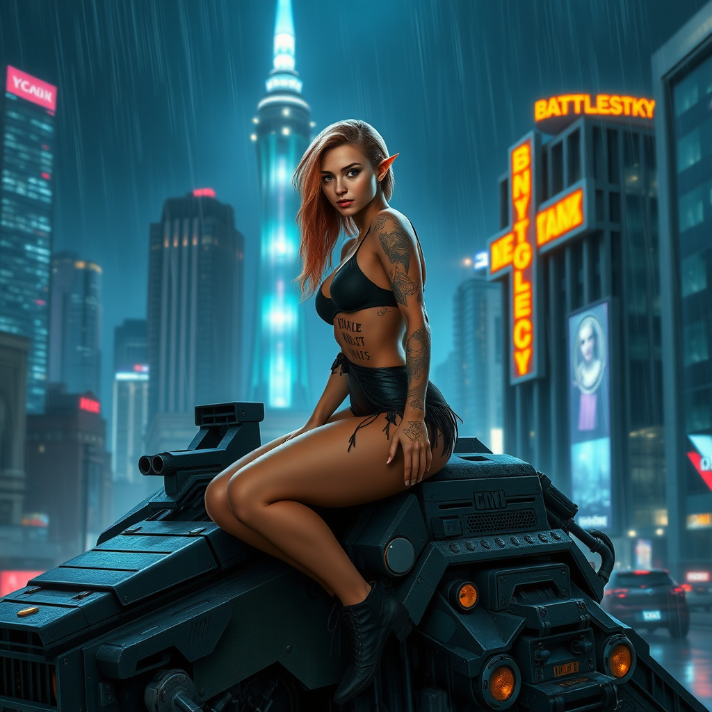 A elf girl like Ana De Armas (athletic, thin, twenty-something, tattoos, with strawberry blond hair), on top of a battlemech (nightsky from battletech). Modern city, neon sign. Night. Raining.