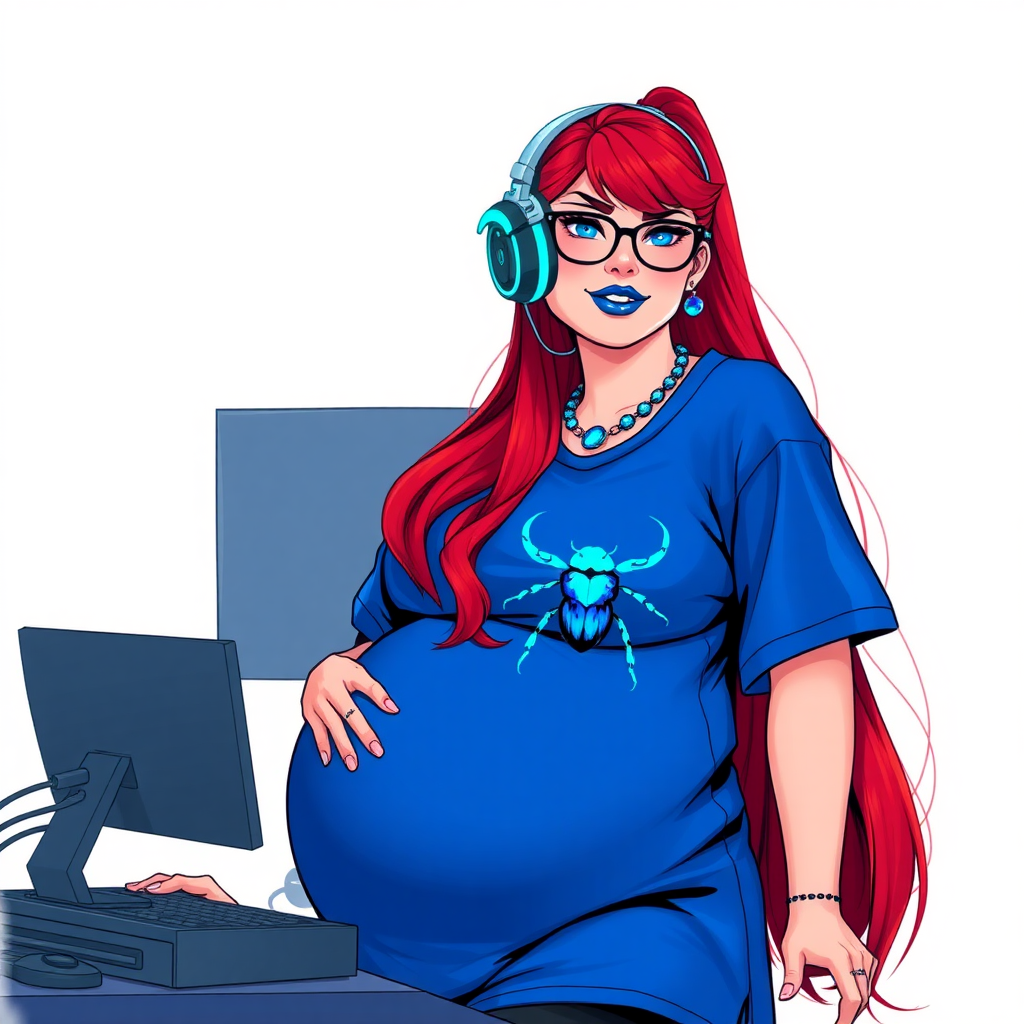 A cyberpunk vigilante’s full-figured intelligent and tech-savvy 29-year-old girlfriend, who is a computer hacker and tech genius. She has a long ruby red ponytail. She wears maximum blue lipstick, bright blue eyes, a sapphire beetle gemstone necklace, sapphire earrings, black eyeglasses, and an oversized maximum blue t-shirt featuring a blue sapphire gemstone crusted beetle chest icon. She has a full-figured physique with a prominent, massive, round belly, reflecting her well-cared-for lifestyle. She sports a sapphire headset with a hi-tech maximum turquoise lensed HUD, and a shy smile with a neon red blush. She serves as his tech expert from his hideout, diligently working at her lab table computer desk. The background is solid white. She is drawn as if she was in a retro 2D cyberpunk fighting game. Ensure her t-shirt covers her belly.