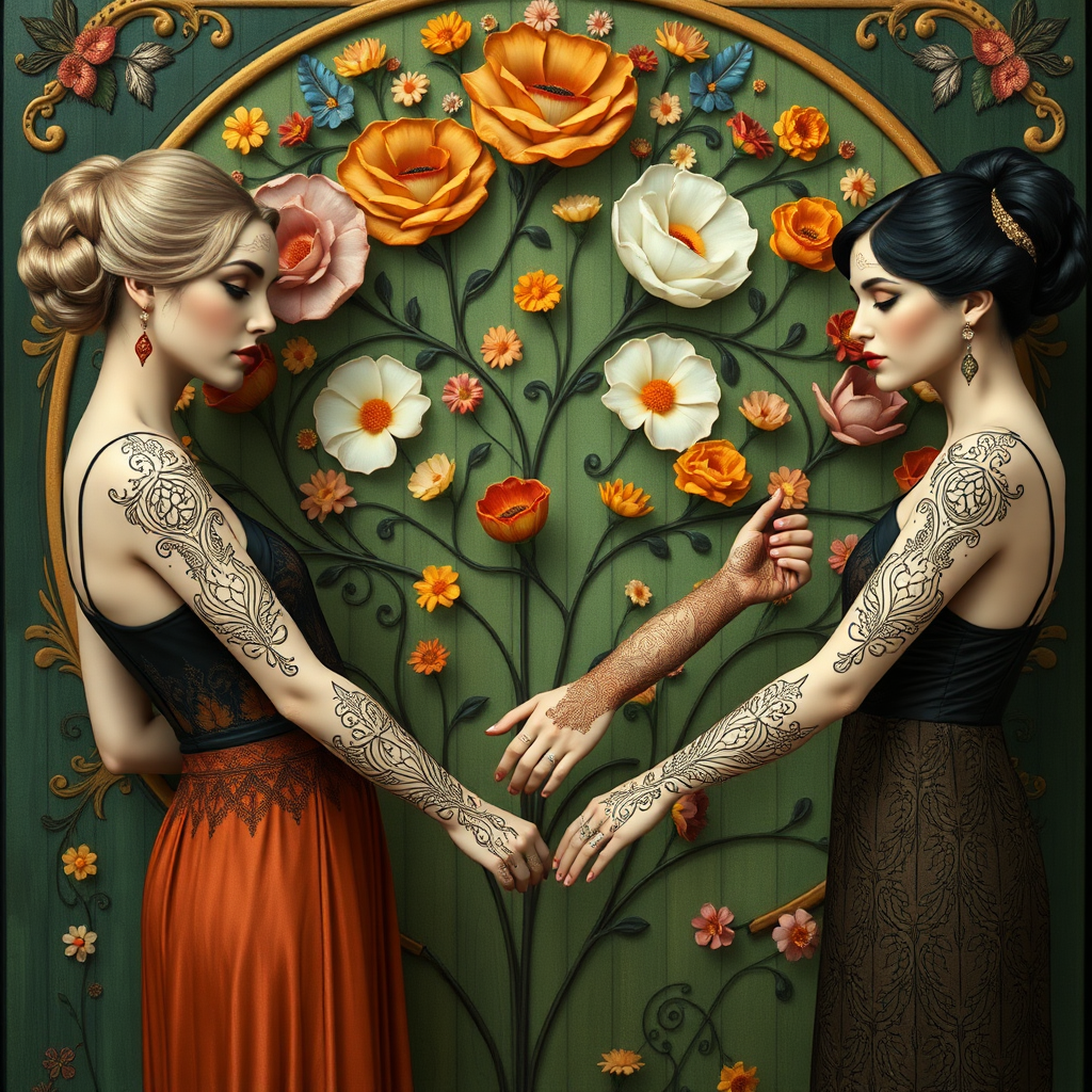 Promt by picture with: In the Max Klimt style. Women (one is blonde and two are black-haired) with filigree henna tattoos on their hands and arms stand in front of an Art Nouveau relief with many small colorful flowers painted on a green background. They stand in a circle and hold each other's hands. They have very, very white skin. The hairstyles are updo hairstyles in Art Nouveau.