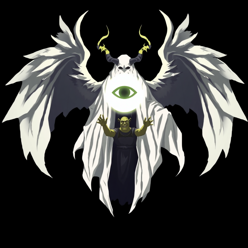 (Anime Pixel-styled art) Black background, a haunting godly-powerful angelic figure known as Yaldabaoth, the Demiurge, hovers ominously in mid-air. His tall, ghost-like form exudes a spectral presence, draped in flowing white-and-black robes that billow with an ethereal energy. His entire face is veiled by a strange and eerie, pure white circular light, from which a single eye looking down symbol glows faintly in its center, casting an unsettling aura. Four large, menacing horns crown his head, giving him an air of divine yet terrifying power. Behind him, four angelic wings, majestic and shadowy, spread wide—simultaneously invoking grace and fear. His outstretched hands seem to beckon with an unknown purpose, completing his full-body, otherworldly presence in the dark expanse, Shrek is there trying to face him.