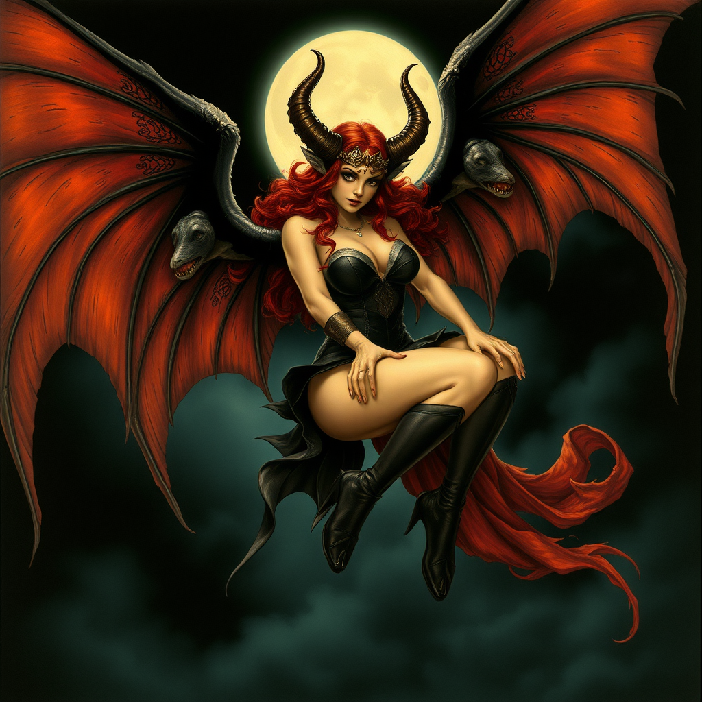 A beautiful winged succubus staring wickedly her outfit is designed to entice. She's flying high in a dark, moonlit sky. The wicked scene is dark and spooky with the art styling of Brian Froud. Cosplayed by a young vicious Drew Barrymore.