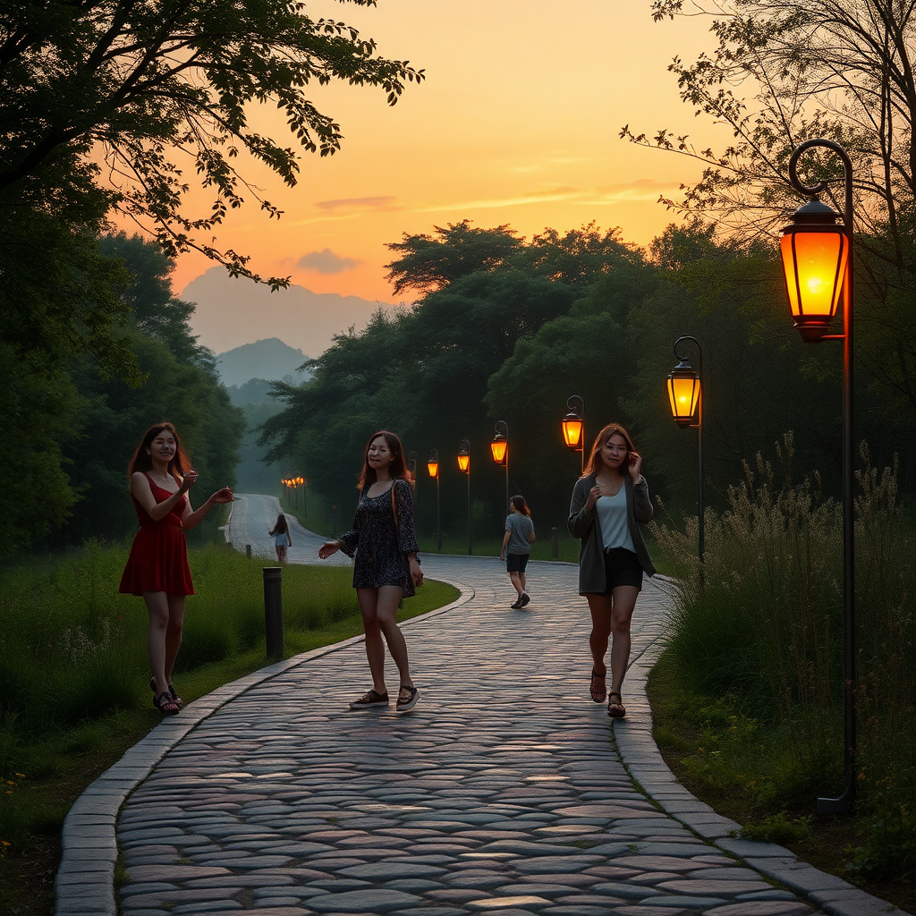 High summer. It is a hot late summer evening. The sun has already set. Three young, pretty Asian women are playing jump rope. Two other modern Asian women are playing badminton. Two more young Asian women are chatting by the roadside. A roughly 2 km long, uneven, winding, and 2-meter-wide bike and pedestrian path runs along the edge of the forest, paved with strikingly colorful and differently sized cobblestones. For 50 meters, large trees grow along the path like a canopy. In general, there are already dark areas at the end of the path in the forest area. Regularly positioned on both sides of the path, about every three meters, are approximately 1-meter-high lanterns, each in a different color, lighting the path effectively and colorfully in a 1950s style. On both sides of the path, small colorful herbs and wildflowers bloom. A part of the sky is visible. Like in a fantasy painting, a few wispy clouds can be seen, still illuminated in pastel colors by the now-set sun. The scene is bathed in a warm yellow light. The threatening atmosphere is mystical, eerie, and surreal. Mist has formed in the background. The weeds have been growing for two months. Note: The Asian women are a very important aspect of the image generation. They are meant to alleviate the viewer's fear. With the many Asian women, the viewer does not feel alone and feels safe. The Asian women reveal themselves and look at the viewer kindly. The Asian women are meant to be generated as real and human, with loving facial features that are easily recognizable. The image suggests that the path is full of Asian women.