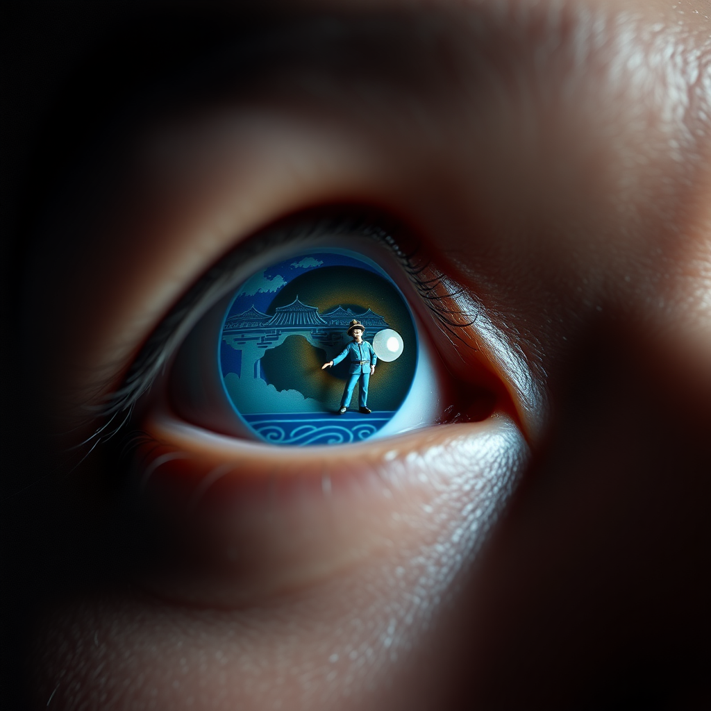 A close-up of eyes with lenses, with clear skin texture visible. The eye lens with traditional blue and white design Chinese blue white design with a miniature man, trying to jump inside the lens looking like well. The composition emphasizes the eyes and its design, dark backdrop, with focused lights, looking up.