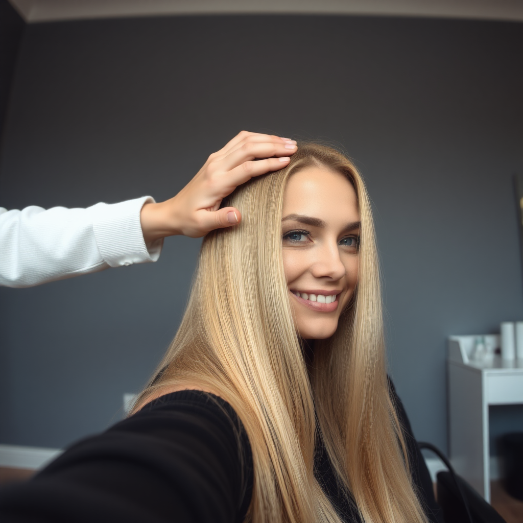 POV, beautiful very long haired blonde woman sitting in a hair salon smiling at the camera while I reach out from behind the camera to massage her scalp. My fingers are in her hair rubbing her scalp while her hair is covering my hands.  
Plain gray background.