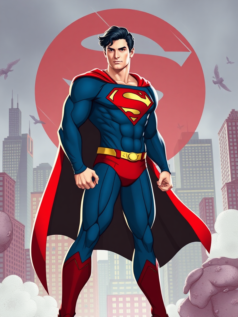 Create a full-length image of Superman with the body type of Juliet Starling while keeping his original head intact. Adjust his silhouette to reflect Juliet's proportions, emphasizing a dynamic pose. Design a background that blends elements appropriate for both Superman's Metropolis and Juliet's vibrant, action-packed world.