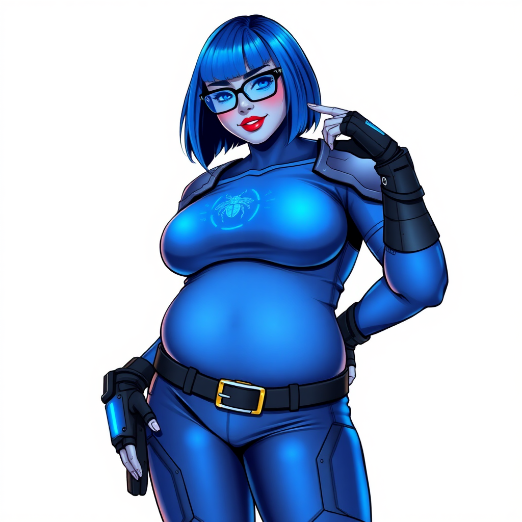 A 28-year-old, full-figured, metallic maximum blue (5PB 5/10) skinned computer program hybrid with a maximum blue bob cut. She has a non-athletic build, highlighted by a prominent, round, large midsection (with full emphasis on her round belly), which shows the effects of her love of junk food acquired from her boyfriend. As the full-figured, nerdy, digital sidekick to her cyberpunk vigilante boyfriend, her metallic maximum blue skin and maximum blue lipstick (5PB 5/12) emphasize her digital nature. Her skin has a subtle, animated glow, with digital patterns occasionally flickering across it, making her digital nature obvious. She wears a digital, computerized, superhero costume, consisting of a massive, tight-fitting, maximum blue t-shirt (5PB 5/12) made out of advanced nanotech with a neon blue chest icon of a beetle, hi-tech shoulder pads with neon blue accents, a black hi-tech belt with a digital neon blue glowing buckle, digital maximum blue biker pants (5PB 5/12) with neon blue accents, and black hi-tech fingerless biker gloves with neon blue glowing accents. Her neon blue glowing eyes, black eyeglasses with neon blue glowing lenses equipped with a built-in HUD, and bashful smile with neon red blush accentuate her nerdiness. She stands bashfully with one hand behind her back and the other hand gently touching her cheek, her costume covering all her skin (especially her midsection) and fully emphasizing her full figure (especially her round belly). She is clearly non-athletic, with a focus on her full-figured physique. Despite her build, she radiates beauty. She has a slim face compared to her physique, accentuating her radiant beauty. She is on a solid white background. She is drawn as if she were in a retro 2D cyberpunk fighting game.