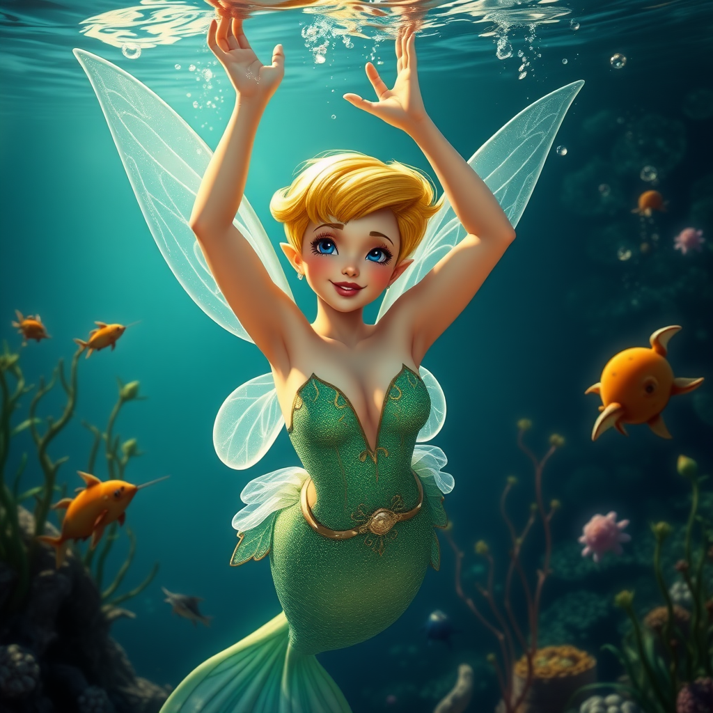 40 y.o Adult Tinkerbell as a mermaid she's floating underwater surrounded by sea creatures and plant life. Her graceful arms float above her head. In the photographic style of Richard Fegley on DSLR