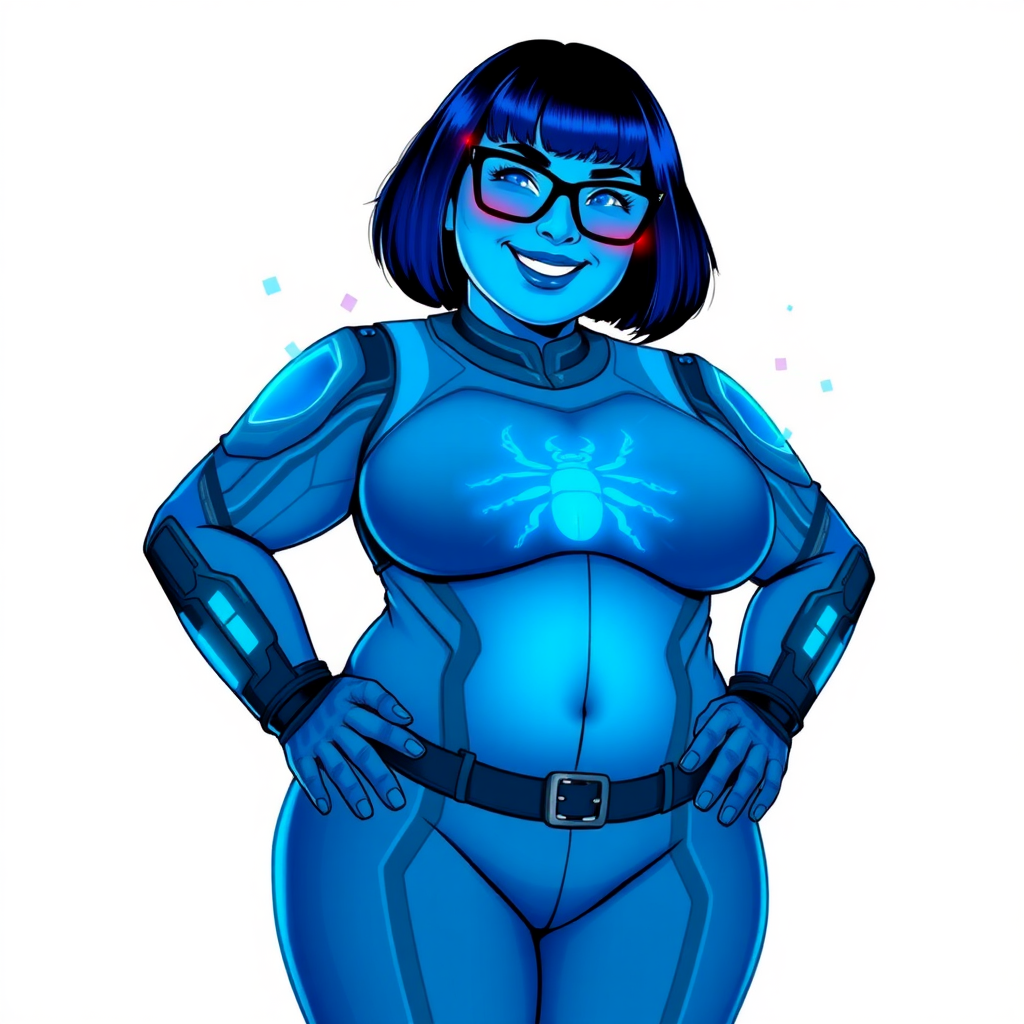 A 28-year-old, full-figured, computer science major, now transformed into a full-figured, nerdy, heavily pampered digital sidekick for her cyberpunk vigilante boyfriend, with maximum blue skin. Her bob cut seamlessly blends with her skin, appearing to merge together as computer data, and her neon blue eyes glow intensely. Her full figure is defined by a prominently, round, gargantuan midsection, sequoia-sized limbs, and broad shoulders, showing the extent of her boyfriend's doting pampering. As a loyal and supportive sidekick, she plays a crucial role in their missions, using her digital skills to assist and protect.

She wears a digital, computerized maximum blue bodysuit which blends with her hair and skin (appearing to merge together like computer data), all are colored maximum blue. The bodysuit has a neon blue chest icon of a beetle, along with matching high-tech gloves. She bashfully giggles with a neon red blush, emitting neon blue data cubes from her body, set against a solid white background. Heavily pampered by her doting boyfriend, her full figure (especially her prominent, round, gargantuan midsection) clearly shows this care. She has the ability to hack into computers and machines, and her nerdiness is blatantly obvious with her black oversized eyeglasses. Her full figure (especially her prominent, round, gargantuan midsection) is fully displayed and heavily emphasized. Her outfit is influenced by DC’s Jennifer Knight Phantom Lady but remains distinct. She is drawn as if she was in a retro 2D cyberpunk fighting game. Ensure her skin color is distinct from Inside Out's Sadness and any other character. Ensure she doesn't resemble The Power of Surge's Debra or any other character. Ensure her midsection is round. Her proportions are bloated to emphasize her non-athletic, full figure. She is obviously non-athletic, with heavy emphasis on her full figure and prominent, round, gargantuan midsection.