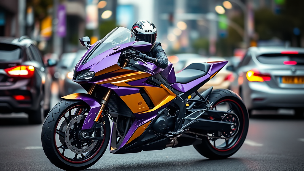 A telephoto shot of a futuristic custom motorcycle with an angular design and a purple and yellow color scheme. The motorcycle is parked in the city traffic. There is a driver wearing a helmet sitting on the motorcycle. The background is blurred due to the bokeh effect.