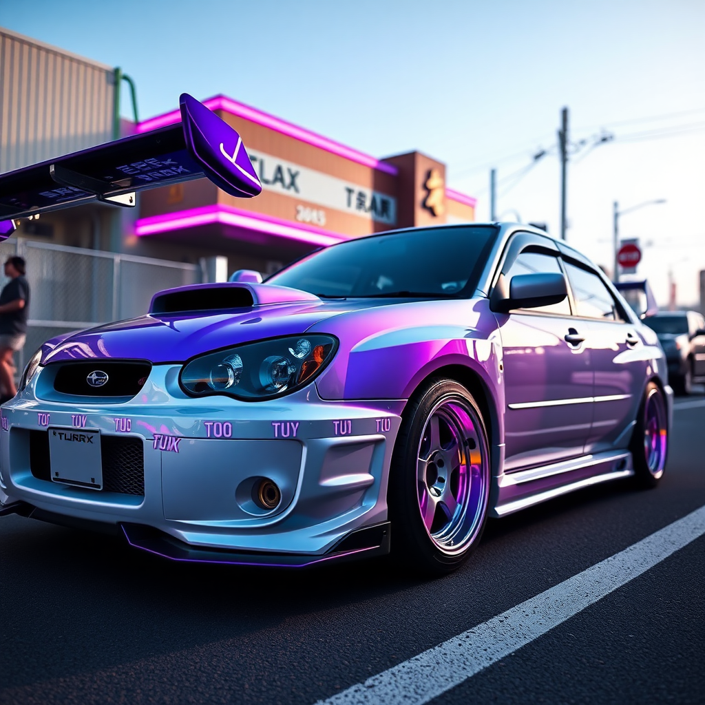 A chrome white Subaru Impreza WRX tuning with purple neon and purple vinyl in Tokyo.