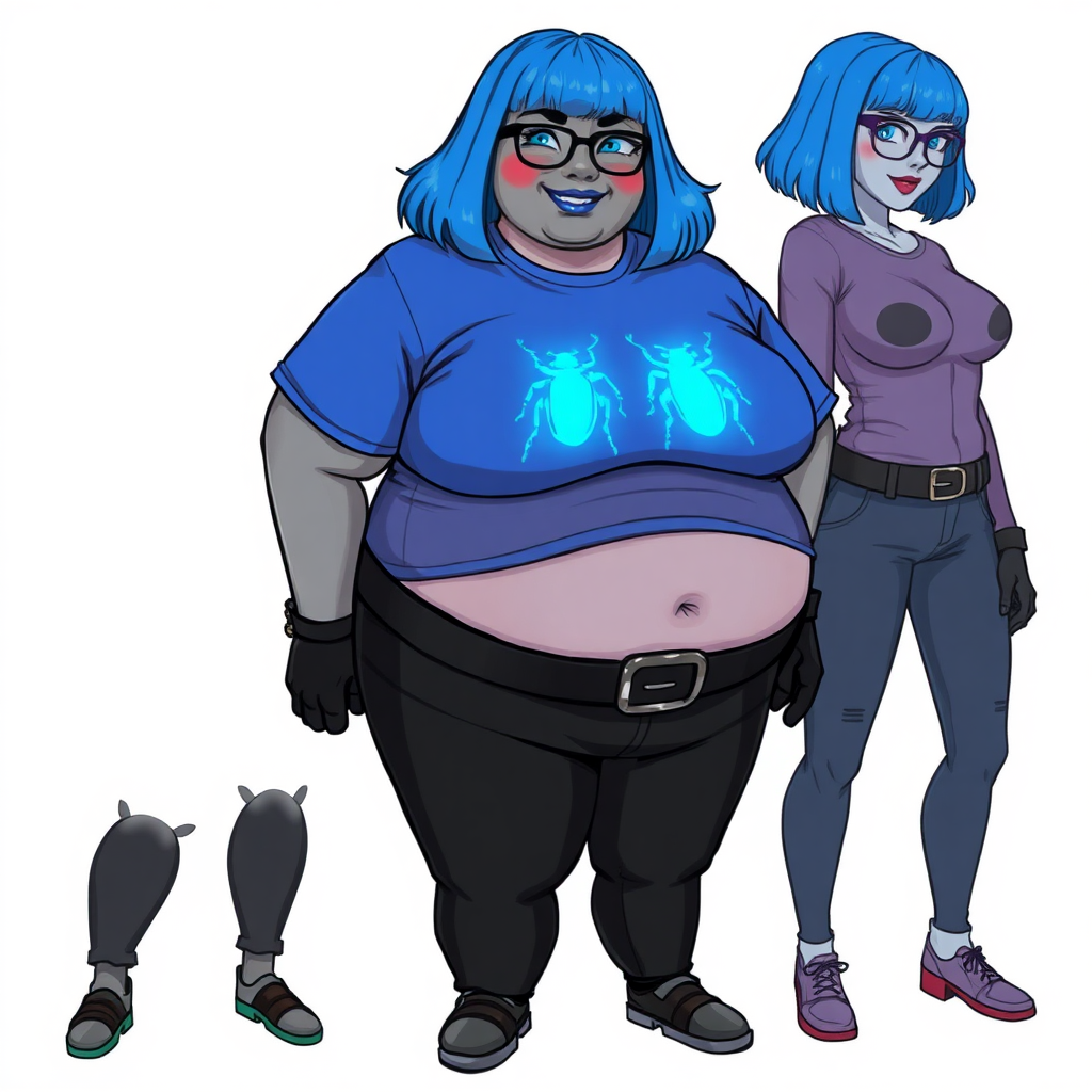 A 28-year-old, full-figured, metallic middle gray skinned computer program hybrid with a maximum blue bob cut. She has a non-athletic build, highlighted by a prominent, round, large midsection (with emphasis on her belly). As a digital sidekick, computer hacker, and nerdy girlfriend to her cyberpunk vigilante boyfriend, her middle gray metallic skin and maximum blue lipstick emphasize her digital nature. She wears a tight-fitting, maximum blue t-shirt (accentuating her large belly) with a neon blue glowing chest icon of a beetle, black pants, a black belt with a sapphire scarab buckle, and black gloves. Her bright blue eyes, black eyeglasses, and lovestruck smile with neon red blush accentuate her nerdiness. She stands bashfully with her hands behind her back, her t-shirt covering her midsection (especially her large belly) and emphasizing her full-figured, non-athletic physique. She is on a solid white background. She is drawn as if she was in a retro 2D cyberpunk fighting game. She is clearly non-athletic, with a focus on her full-figured physique. Ensure her t-shirt covers her midsection (especially her large belly).