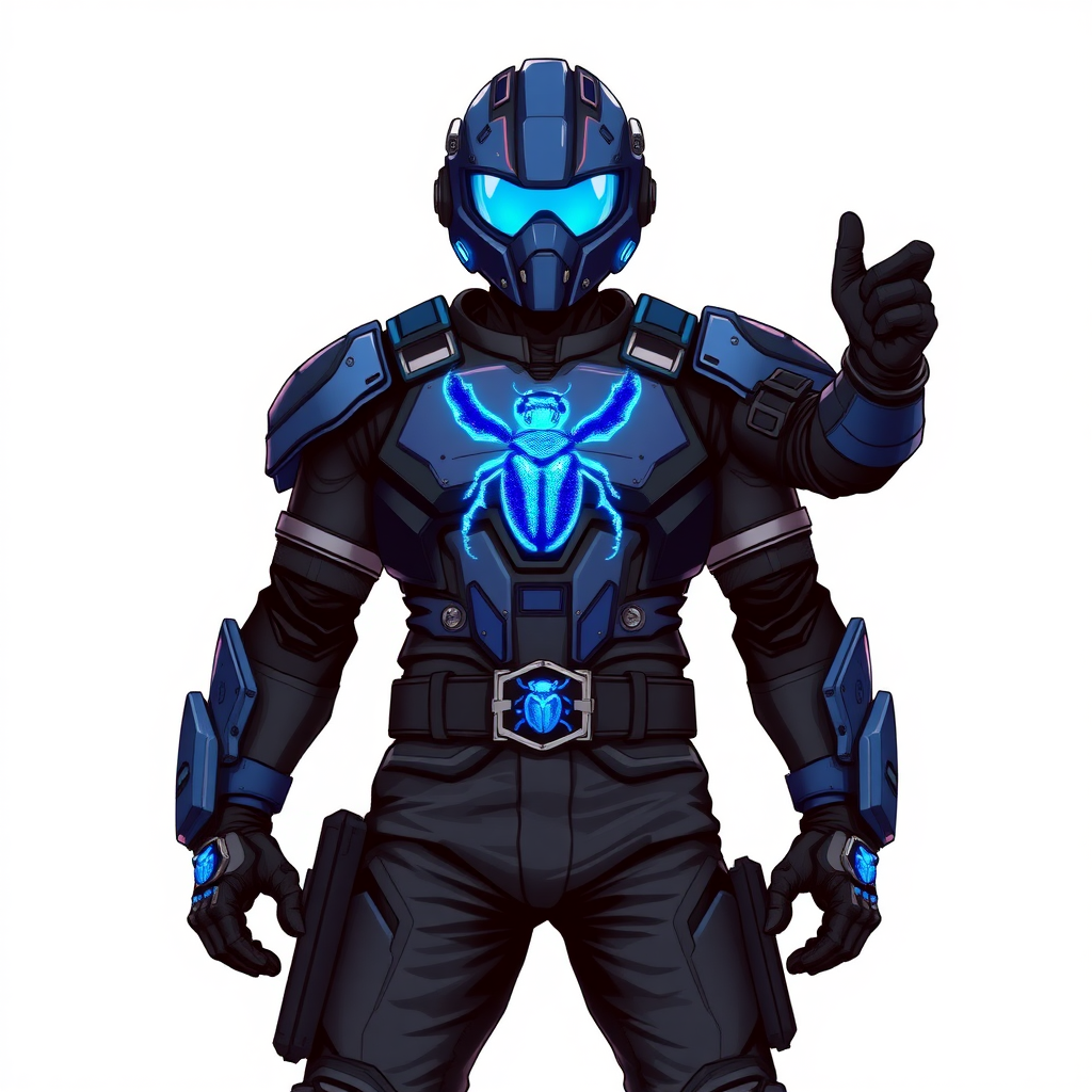 A 28-year-old cyberpunk vigilante stands heroically, clad in hi-tech, maximum blue tactical armor featuring a neon blue beetle on the chest. He wears black biker pants, a black belt with a sapphire beetle buckle, and a helmet resembling a sleek, tactical design, but colored maximum blue with neon blue lenses. Their hands are protected by black hi-tech gloves, all set against a solid white background. He is drawn as if he was in a retro 2D cyberpunk fighting game.