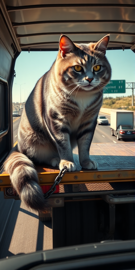 Hyper-surrealistic, professional photo of a giant cat chained to the back of a flatbed truck driving on a busy highway. The cat is highly detailed with realistic textures in its fur and displays a mix of purple, gray and white colors with a slight sheen in sunlight. The scene captures the high level of detail inside the truck, with polished metal parts and rubber tires. The highway is full of cars and trucks driving in the background. The atmosphere is bright and clear; Realistic sunlight casts shadows on the cat and truck. The camera angle is raised considerably, capturing the full size of the cat in relation to the truck, emphasizing the absurdity of the scene with excellent depth of field and focus on the cat and vehicle. Popular on ArtStation, ultra-detailed, photorealistic, with rich textures and high dynamic range (HDR) effect.