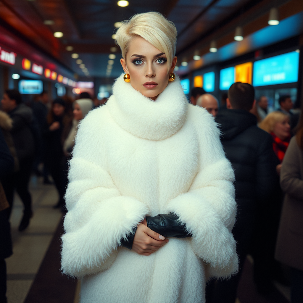 1990 winter evening, crowded cinema lobby: Sam, 19 years old beautiful involuntary femboy, rebellious intractable character, petite boyish figure, platinum blond boyish rebel punk hairstyle, flawless heavily made-up face with sharp arched tattooed eyebrows, wearing Supertanya-style fluffy very fuzzy bright white angora long turtleneck-poncho fully covering body and arms, black leather high-heeled thigh-high boots, gold earrings, puzzled alarmed, pout serious, impatiently waiting for her master. Full view, focus on Sam’s face and turtleneck-poncho.