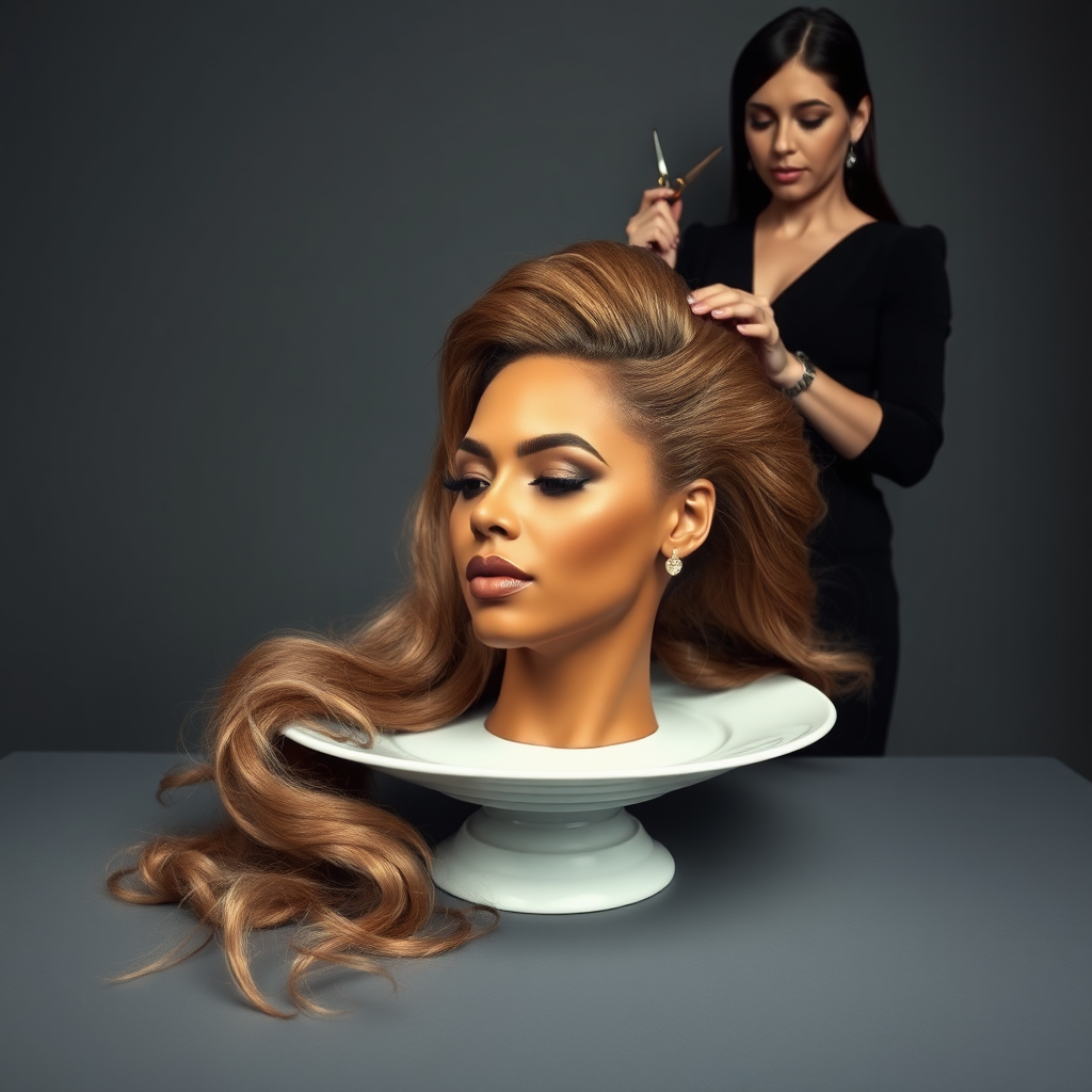 In a surreal and provocative scene, a beautifully tethered, disembodied head of Beyoncé rests gracefully on an elegant porcelain plate, her long, luxurious hair cascading like a waterfall of silky strands around the edges, creating a striking contrast against the stark, muted gray background. The sheen of her skin glows softly, exuding an air of ethereal beauty, while her chin rests delicately on the plate, poised and serene. Behind her, a skilled hairdresser, clad in chic black attire, stands with a focused expression, gently teasing and arranging her magnificent hair with nimble fingers, creating intricate patterns that defy gravity. The atmosphere is oddly intimate yet surreal, blending an appreciation of beauty with an unsettling twist, as soft light casts subtle shadows, enhancing the textures of both hair and porcelain. The air is filled with a quiet stillness, broken only by the subtle sound of the hairdresser’s scissors snipping rhythmically and the faint fragrance of hair products mingling with the cool air, heightening the unusual but captivating atmosphere of the scene.