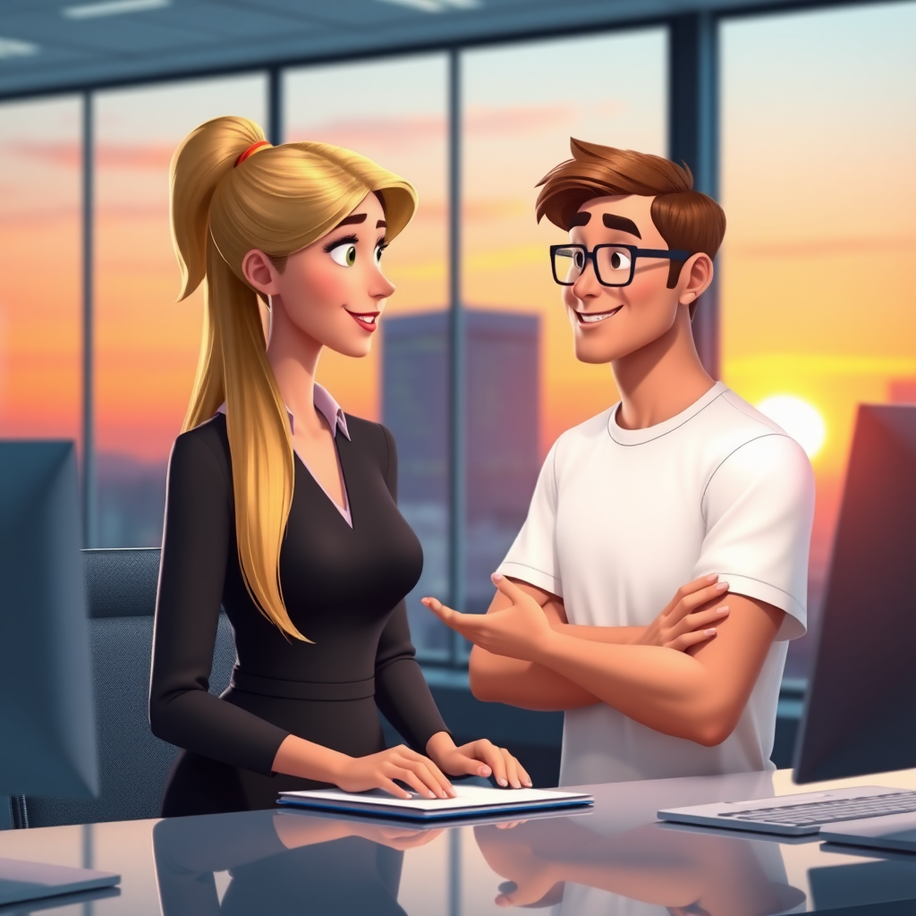 create images of an executive secretary with long, tied-up blonde hair, without glasses, guiding her supervisor dressed in a white t-shirt to have more efficient communication in a modern tech office, with a sunset in the background, Pixar style