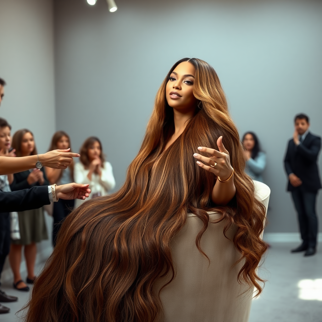 In an elegant, sunlit salon, adorned with soft, minimalistic decor, the stunning Beyoncé sits gracefully in a plush chair, her incredibly long, luxurious hair cascading like a flowing waterfall of silk down her shoulders and past her waist. The gentle glow of overhead lights highlights the rich, deep hues of her hair, each strand reflecting the brilliance of the space around her. 

As an interactive long hair fetish performance art exhibit unfolds, curious visitors gather around, their eyes alight with fascination and excitement. Some eagerly reach out, gently grasping her hair between their fingers, feeling the smooth texture slip through their hands, while others playfully tug at it, testing the boundaries of their interactions. Each movement is accompanied by a symphony of soft gasps and murmurs of appreciation, enhancing the atmosphere of intimacy and connection.

The background is a simple, unobtrusive gray, allowing the artistry of the moment to take center stage. The air is charged with a sense of wonder and exploration, as visitors not only admire Beyoncé's hair but also engage in this tactile experience, deepening their understanding of the artistry behind her presence. Her expression is a mixture of serenity and playful engagement, reflecting her comfort and trust in this unique performance, ultimately creating a captivating scene where art and audience intertwine seamlessly.