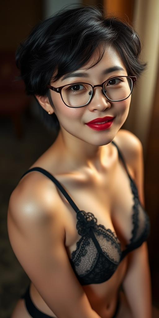 High-definition quality, facial details, a Chinese woman, short hair, curly hair, wearing glasses, small breasts, full thighs, full hips, lingerie, black hair