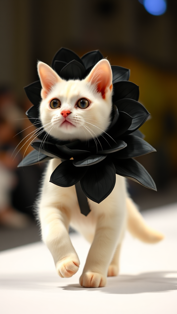 A little chubby big-eyed pink-nosed white cat walking on two paws wearing a real black flower costume doing a ramp walk in a fashion show.