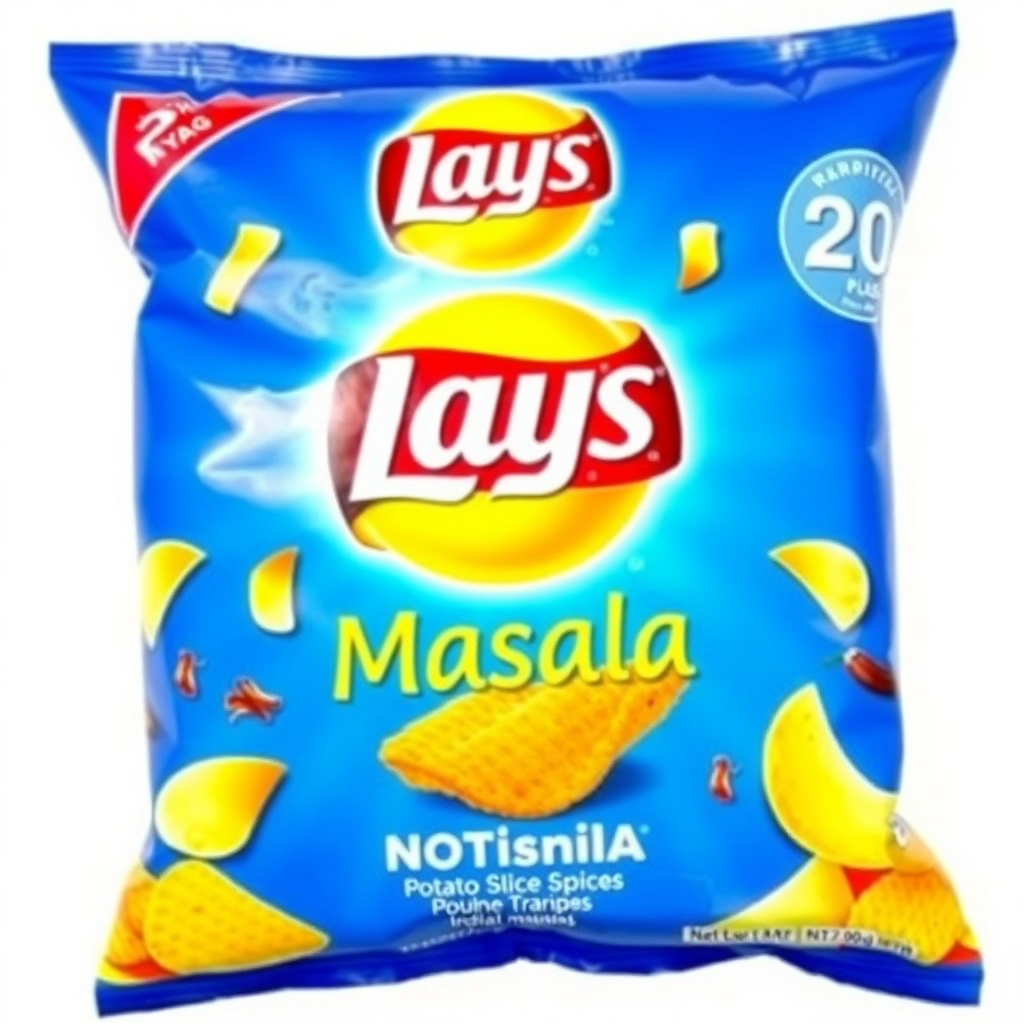 Indian Magic Masala Lays, 20 rupees, Indian Lays in blue color with potato slice chips and Indian spices. A packet design.