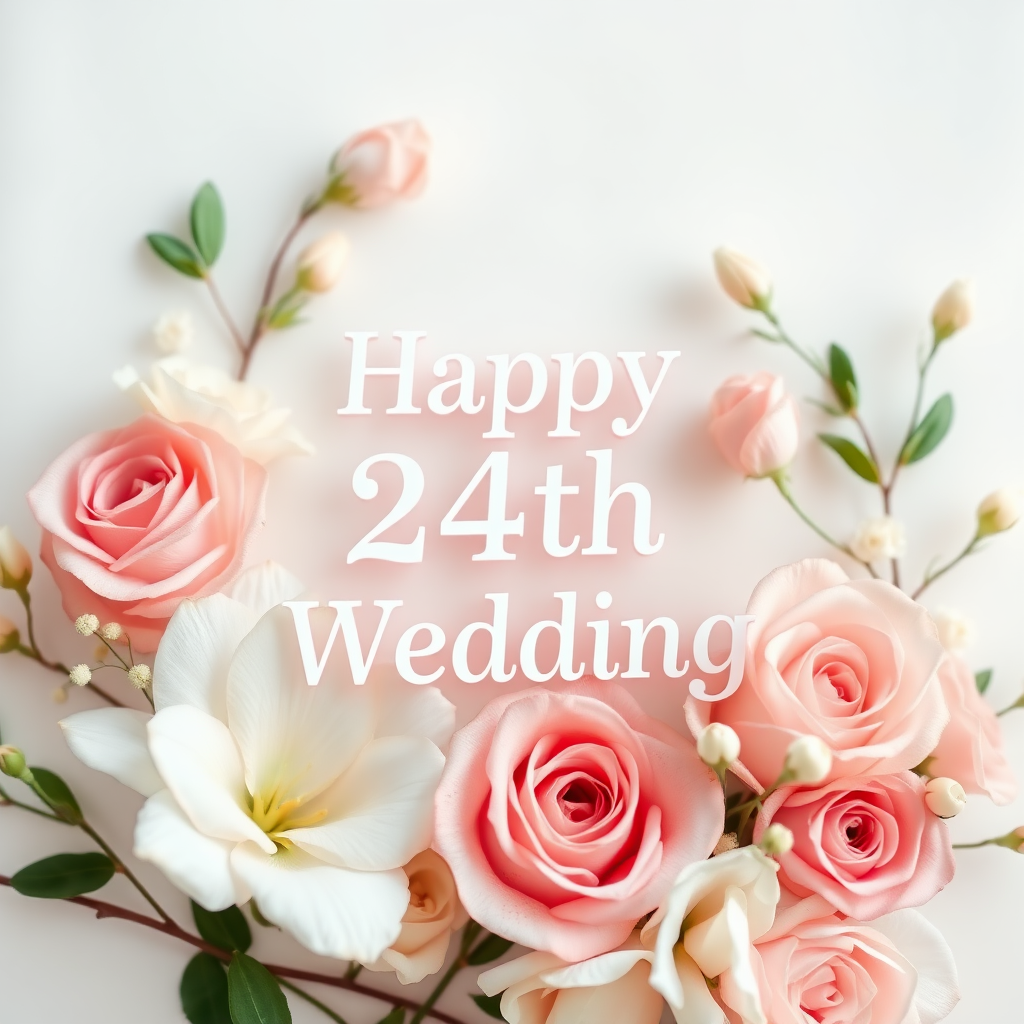 Create a soft, elegant image for a 24th wedding anniversary, blending celebration and love. Include delicate flowers, such as roses or lilies, arranged around a message that reads: "Happy 24th Wedding". Incorporate soft pastel colors like pinks, creams, and whites. The overall vibe should be warm, romantic, and joyous, capturing the essence of love and commitment over the years.