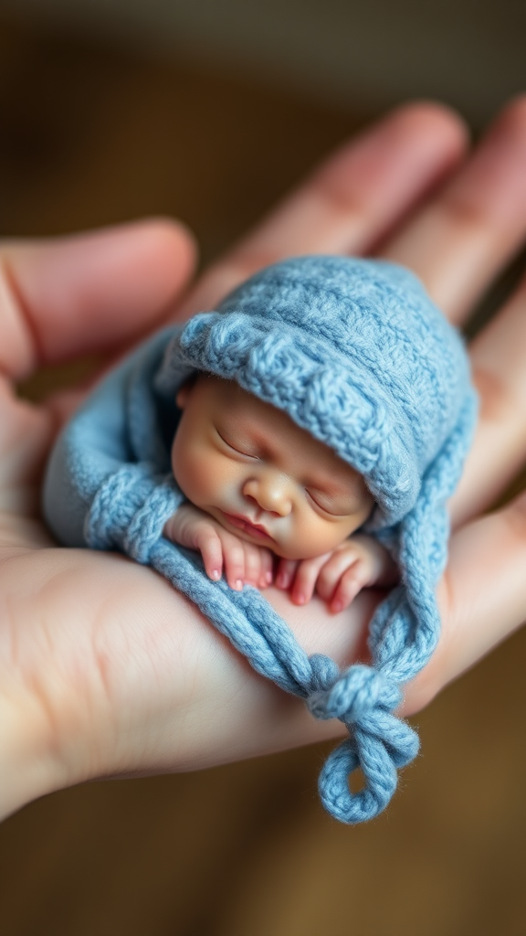 A cute mini little tiny miniature baby sleeping on hand