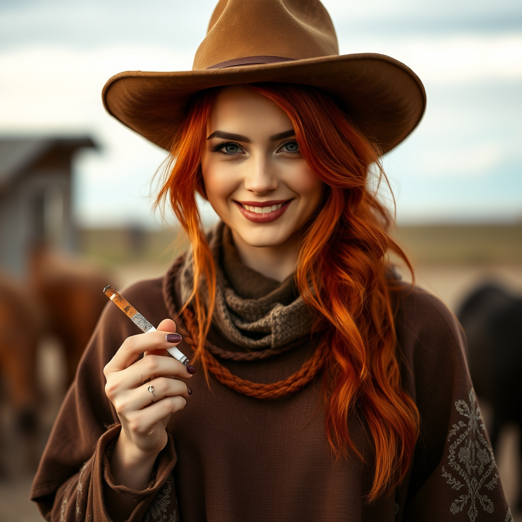 A red haired woman in a western poncho, wearing a dusty cowboy hat, holding a cigarette, smirking